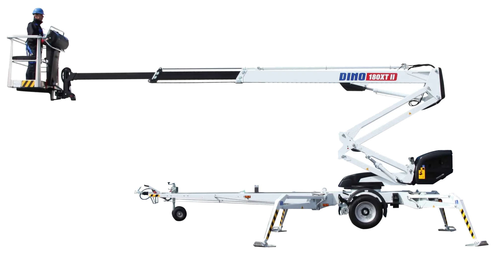 Anhänger-Arbeitsbühne DINO 180XT mit waagerecht ausgefahrenem Ausleger, Seitenansicht